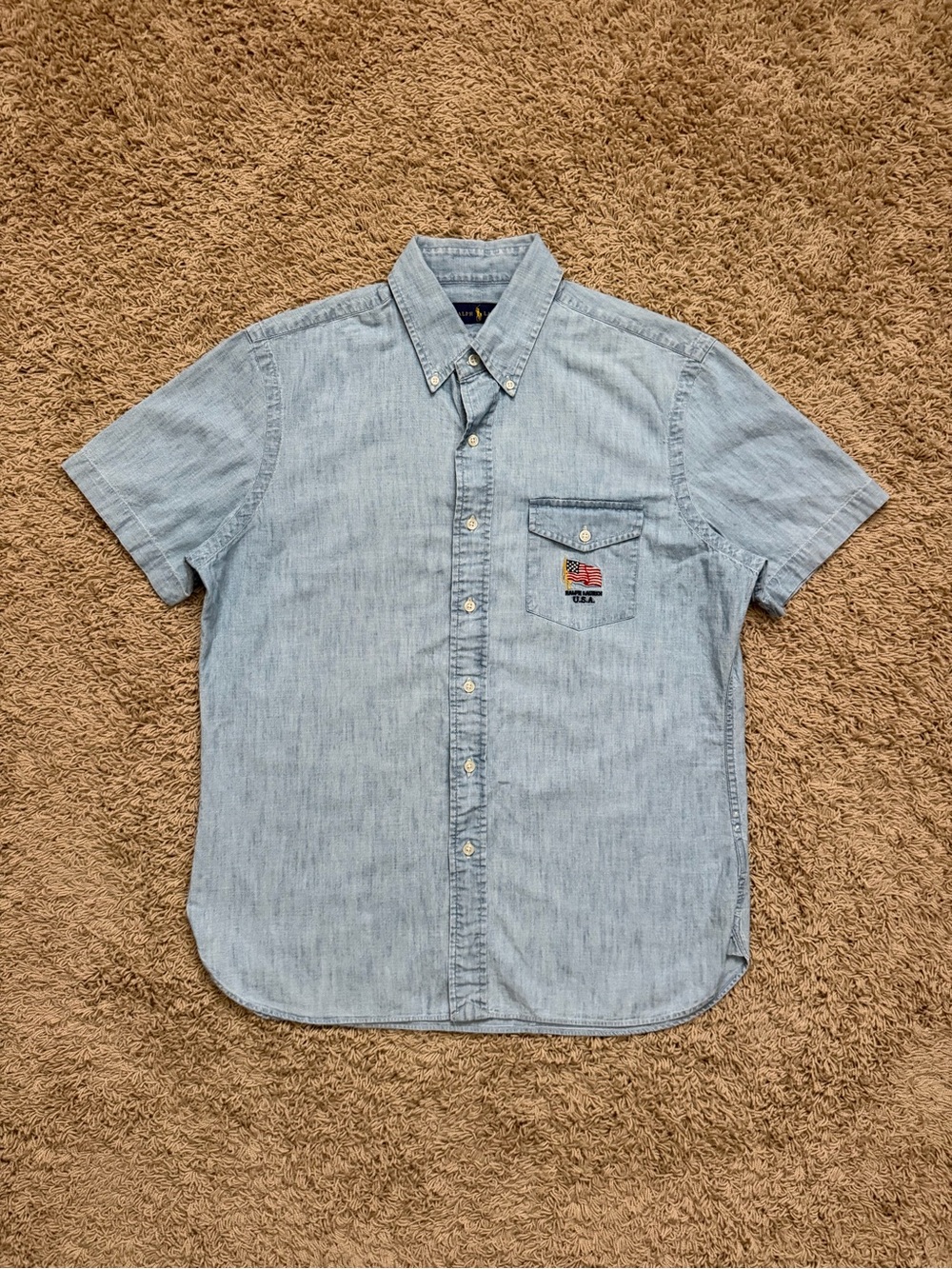 Polo Ralph Lauren Short Sleeve Chambray Button Down Shirt Flag Pocket Blue Sz M